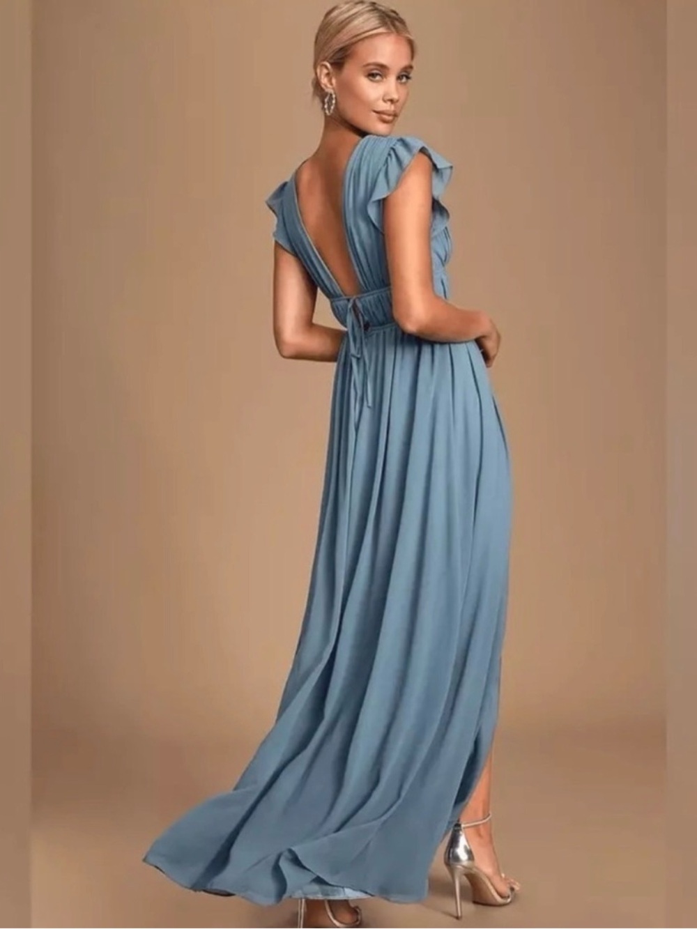 Lulu's Dusty Blue Deep V Maxi Dress with Ruffle Cap Sleeves - Picture 3 of 8